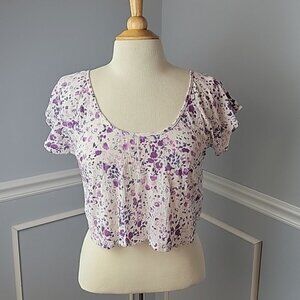 BILLABONG Purple White Floral Print Scoop Neck Gauze Short Sleeve Boho Crop Top